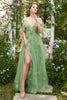 Load image into Gallery viewer, A-Line V-Neck Spaghetti Straps Embroidery Green Long Formal Dress with Slit