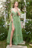 A-Line V-Neck Spaghetti Straps Embroidery Green Long Formal Dress with Slit