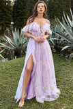 A-Line V-Neck Spaghetti Straps Embroidery Lavender Long Formal Dress with Slit