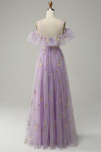 A-Line V-Neck Spaghetti Straps Embroidery Lavender Long Formal Dress with Slit