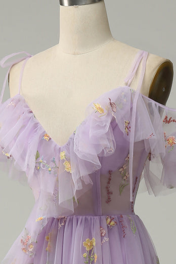 A-Line V-Neck Spaghetti Straps Embroidery Lavender Long Formal Dress with Slit