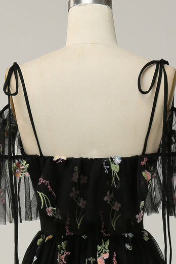 A-Line V-Neck Spaghetti Straps Embroidery Black Long Formal Dress with Slit