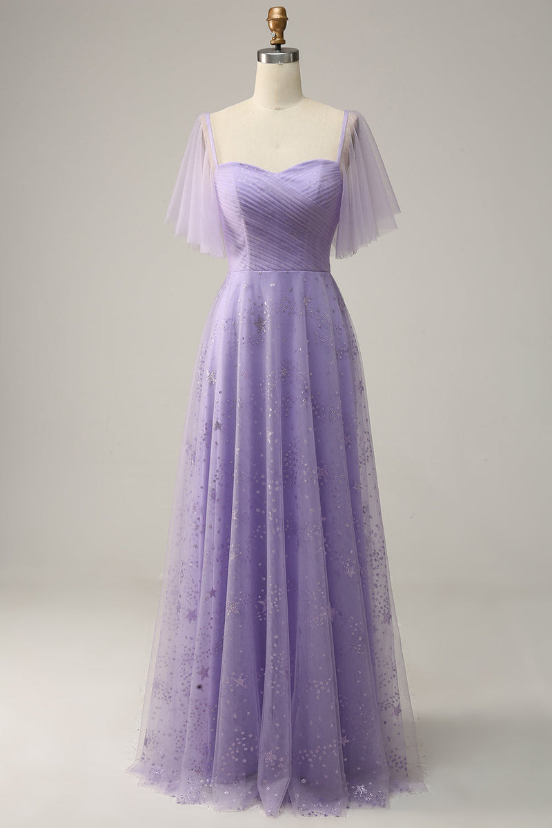 Load image into Gallery viewer, Off Shoulder Lavender Formal Dress with Ruffles