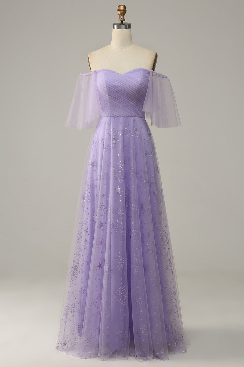 Load image into Gallery viewer, Off Shoulder Lavender Formal Dress with Ruffles