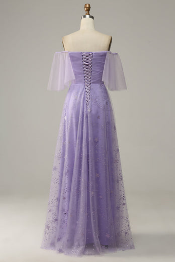 Off Shoulder Lavender Formal Dress with Ruffles