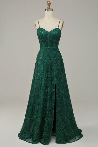 Dark Green Lace Spaghetti Straps Corset Formal Dress