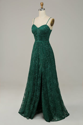 Dark Green Lace Spaghetti Straps Corset Formal Dress