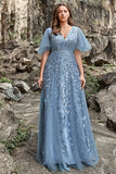 A Line V Neck Grey Blue Plus Size Formal Dress with Appliques