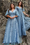 A Line V Neck Grey Blue Plus Size Formal Dress with Appliques