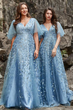 A Line V Neck Grey Blue Plus Size Formal Dress with Appliques