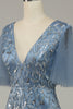 Load image into Gallery viewer, Grey Blue Tulle Embroidered Leaves Formal Dress