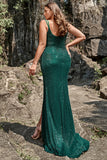 Mermaid Spaghetti Straps Dark Green Sequins Plus Size Formal Dress with Split Front