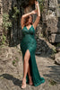Load image into Gallery viewer, Mermaid Spaghetti Straps Dark Green Sequins Plus Size Formal Dress with Split Front
