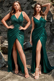 Mermaid Spaghetti Straps Dark Green Sequins Plus Size Formal Dress with Split Front