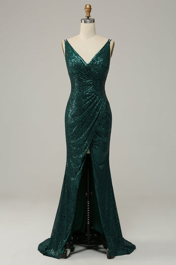 Dark Green Sequined Spaghetti Straps Formal Dress With Slit