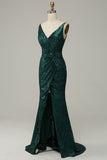 Dark Green Sequined Spaghetti Straps Formal Dress With Slit