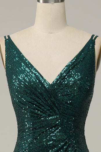 Dark Green Sequined Spaghetti Straps Formal Dress With Slit