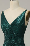 Dark Green Sequined Spaghetti Straps Formal Dress With Slit