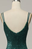 Dark Green Sequined Spaghetti Straps Formal Dress With Slit