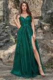 Dark Green A Line Tulle Formal Dress with Slit