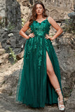 A Line Spaghetti Straps Dark Green Long Formal Dress with Appliques