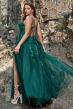 A Line Spaghetti Straps Dark Green Long Formal Dress with Appliques