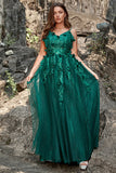 A Line Spaghetti Straps Dark Green Long Formal Dress with Appliques