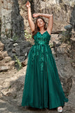 A Line Spaghetti Straps Dark Green Long Formal Dress with Appliques