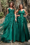 A Line Spaghetti Straps Dark Green Long Formal Dress with Appliques