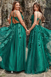 A Line Spaghetti Straps Dark Green Long Formal Dress with Appliques