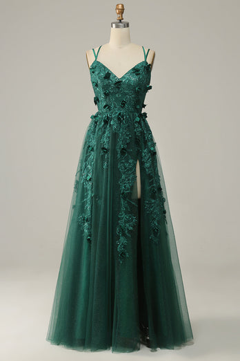 Dark Green A Line Tulle Formal Dress with Slit