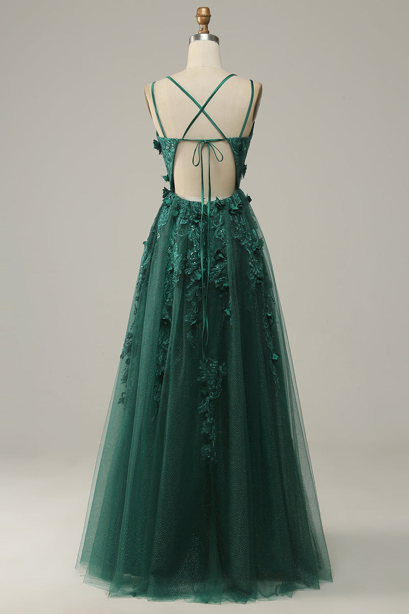 Load image into Gallery viewer, Dark Green A Line Tulle Formal Dress with Slit