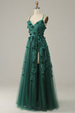 Dark Green A Line Tulle Formal Dress with Slit