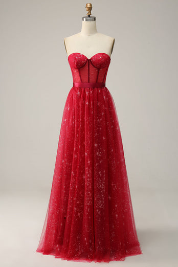 Red Strapless Tulle Corset Formal Dress