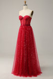 Red Strapless Tulle Corset Formal Dress