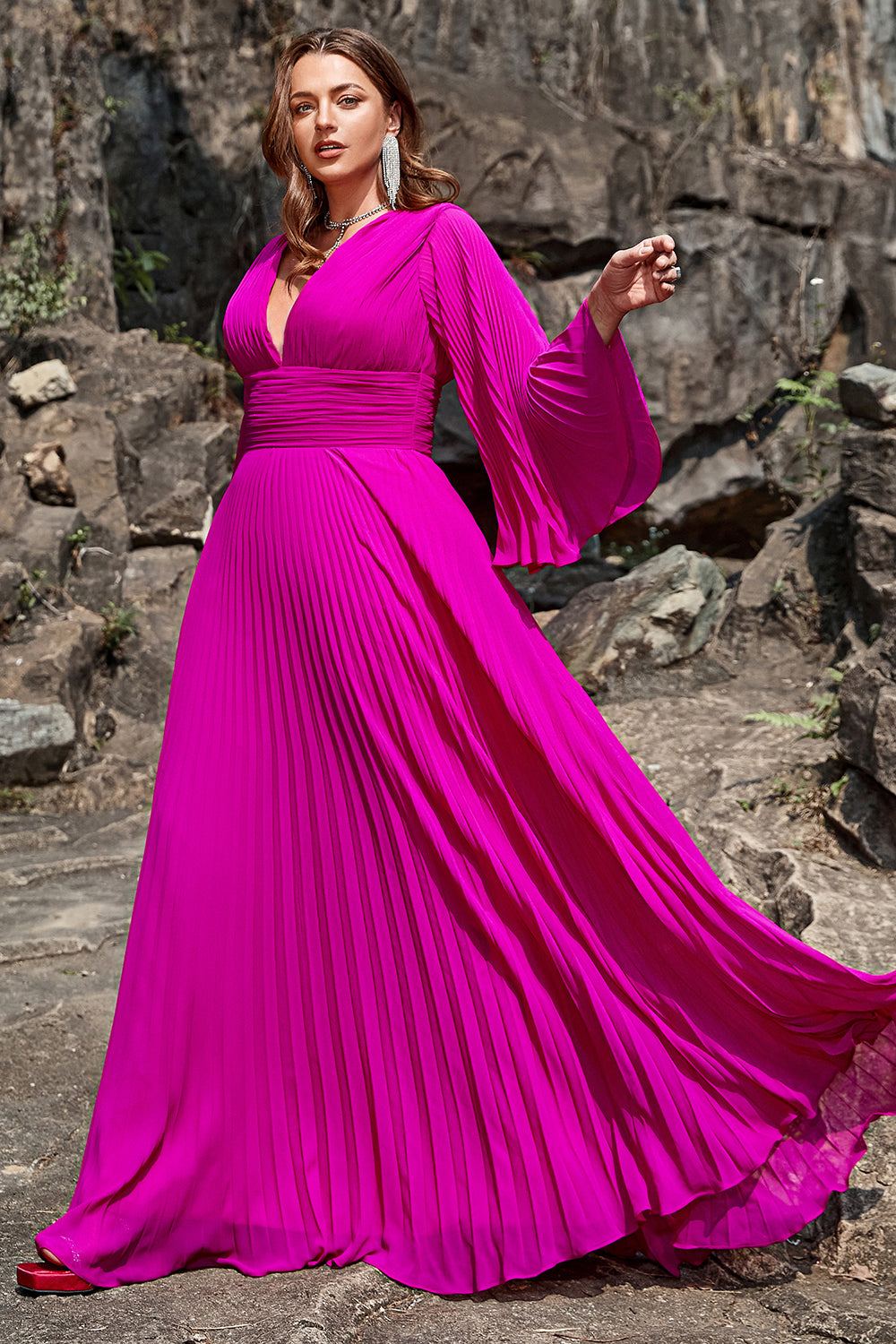 A Line Deep V Neck Dark Fuchsia Plus Size Formal Dress with Long Sleeves