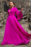 A Line Deep V Neck Dark Fuchsia Plus Size Formal Dress with Long Sleeves