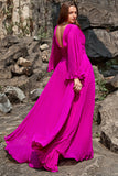 A Line Deep V Neck Dark Fuchsia Plus Size Formal Dress with Long Sleeves