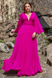 A Line Deep V Neck Dark Fuchsia Plus Size Formal Dress with Long Sleeves