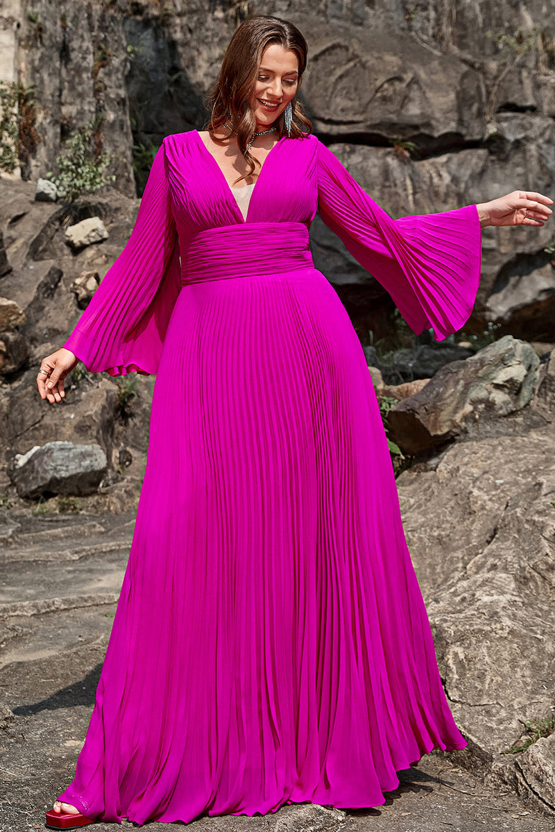 Load image into Gallery viewer, A Line Deep V Neck Dark Fuchsia Plus Size Formal Dress with Long Sleeves
