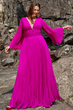 A Line Deep V Neck Dark Fuchsia Plus Size Formal Dress with Long Sleeves