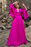 A Line Deep V Neck Dark Fuchsia Plus Size Formal Dress with Long Sleeves