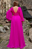 A Line Deep V Neck Dark Fuchsia Plus Size Formal Dress with Long Sleeves