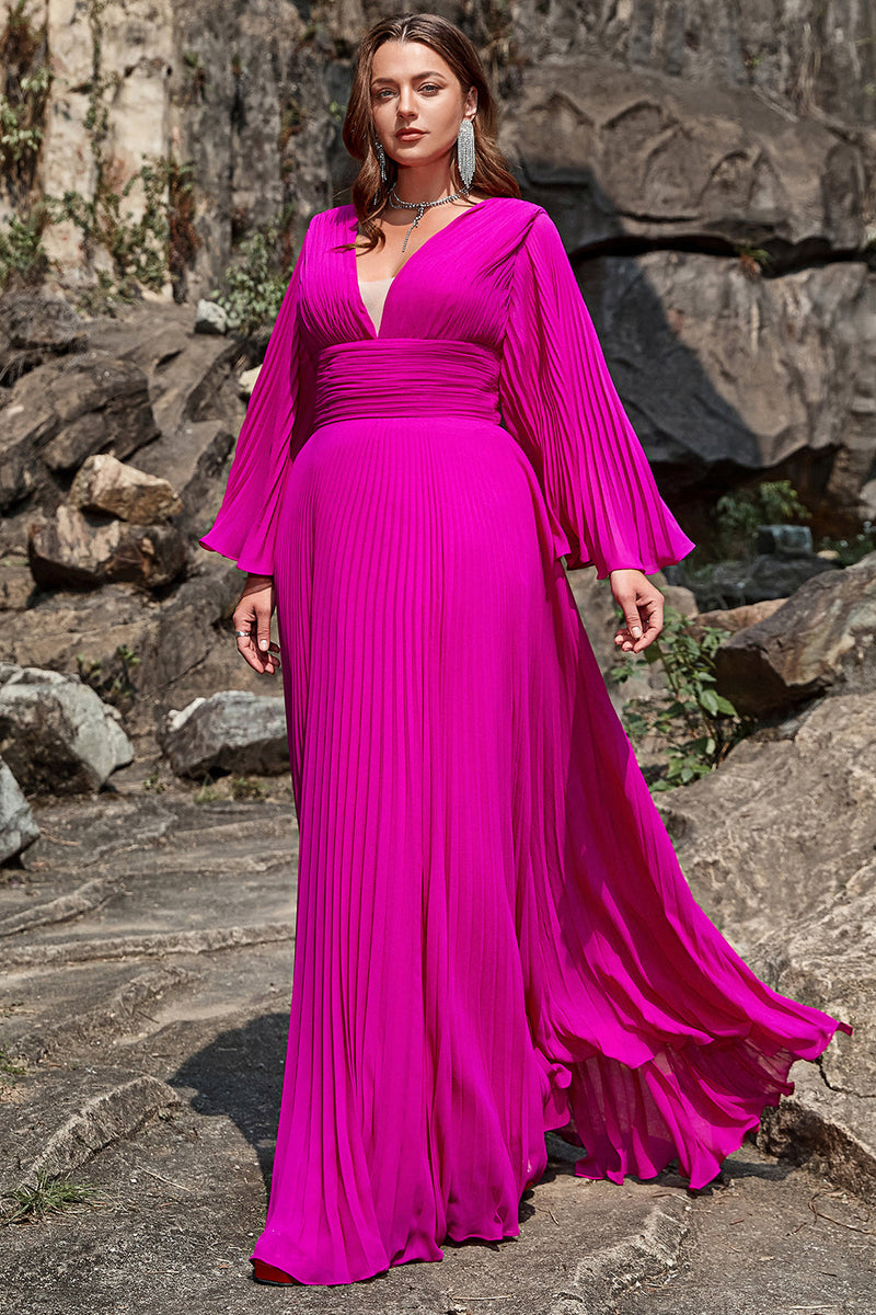 Load image into Gallery viewer, A Line Deep V Neck Dark Fuchsia Plus Size Formal Dress with Long Sleeves