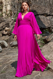 A Line Deep V Neck Dark Fuchsia Plus Size Formal Dress with Long Sleeves