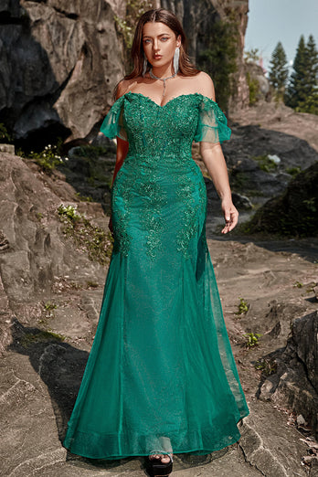 Mermaid Off the Shoulder Dark Green Plus Size Formal Dress with Appliques