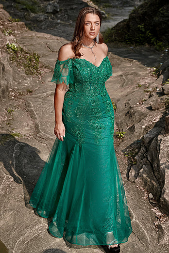 Mermaid Off the Shoulder Dark Green Plus Size Formal Dress with Appliques