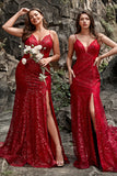 Dark Red Spaghetti Straps Mermaid Formal Dress with Slit