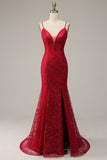 Dark Red Spaghetti Straps Mermaid Formal Dress with Slit