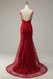 Dark Red Spaghetti Straps Mermaid Formal Dress with Slit